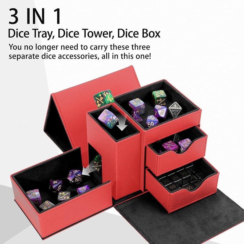 Stepane Dice Tray & Dice Tower Storage Box, 3 in 1 Dice Holder Case (Dice Rolling Tray, Rolling Tower, Storage Drawers), Leather Magnetic Closure DND Accessories Gifts for RPG MTG, Red/Black - Image 2
